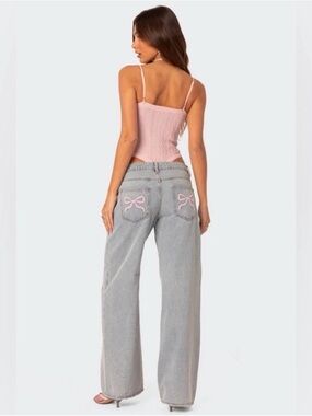 Edikted Bow Pocket Low Rise Baggy Jeans -Light Blue - Size XS - like new
